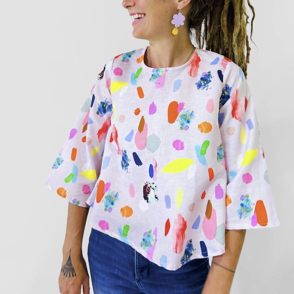 NWT Doops Designs The Artist Splat 3/4 sleeve cotton Tunic top Colorful Blouse L